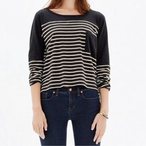Madewell Black and Cream Striped Boxy Cropped Long Sleeve Top — Size XS